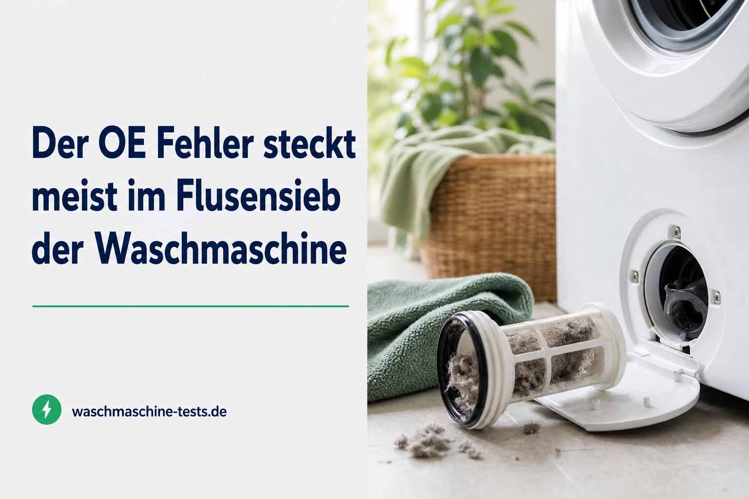 Blogheader mit der Überschrift zum OE Fehler der Waschmaschine, daneben eine Szene rund um das Flusensieb.