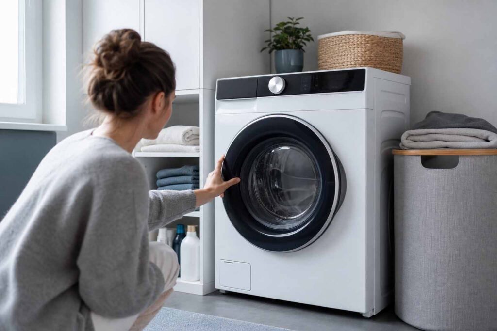 Waschmaschine im Hauswirtschaftsraum mit geöffnetem Zulaufhahn und Zulaufschlauch an der Wand dahinter