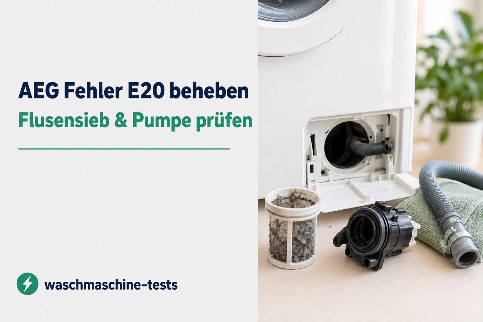 Blog-Header mit der Überschrift AEG Fehler E20 beheben, Flusensieb und Pumpe prüfen, daneben eine Waschmaschinen-Szene