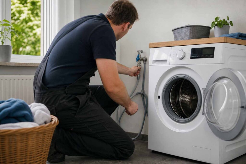 Hand prüft den Wasserzulaufschlauch hinter einer Waschmaschine, daneben der geöffnete Wasserhahn an der Wand