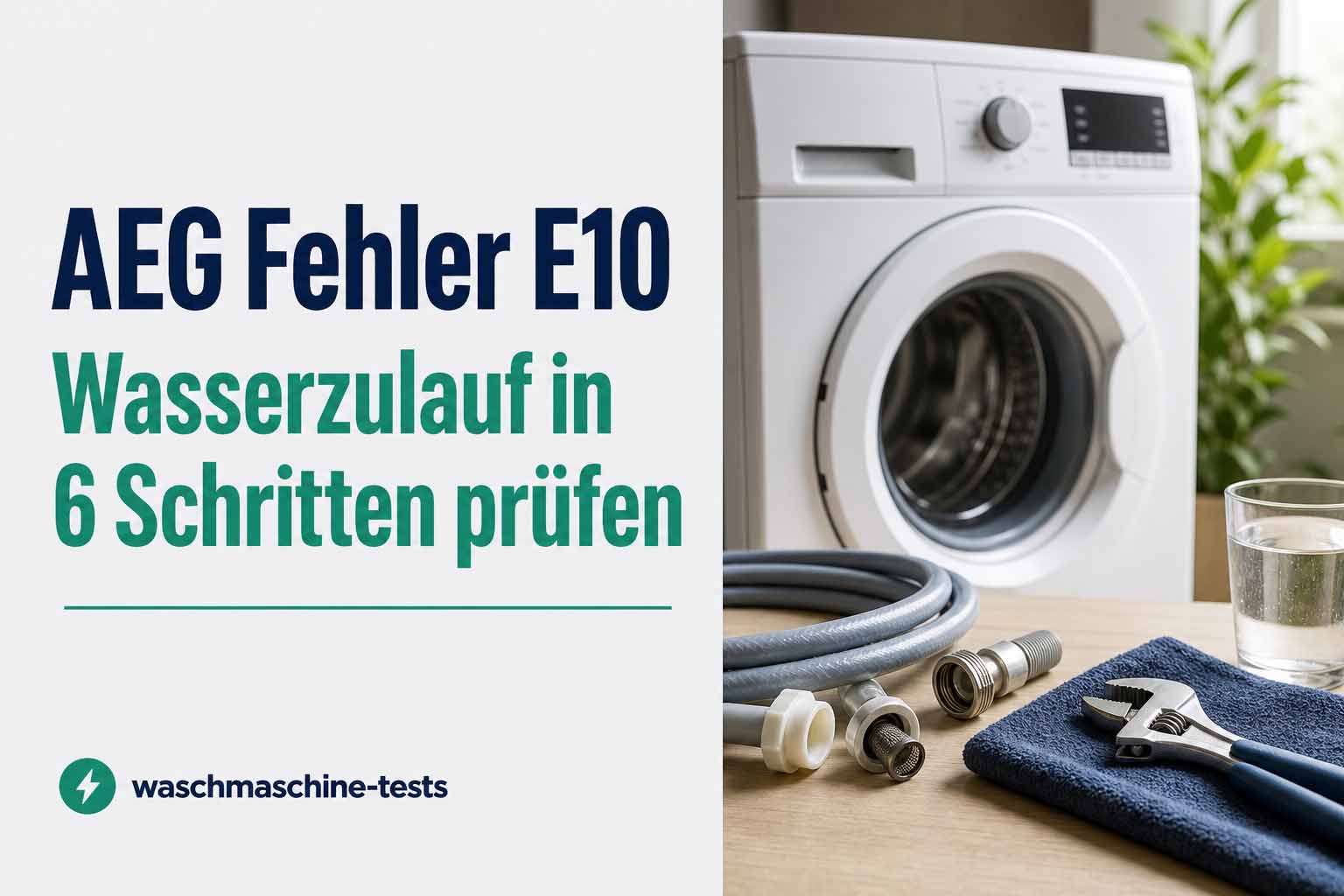 Blog-Header mit der Aufschrift AEG Fehler E10 und Wasserzulauf in 6 Schritten prüfen neben einer Waschmaschinen-Szene