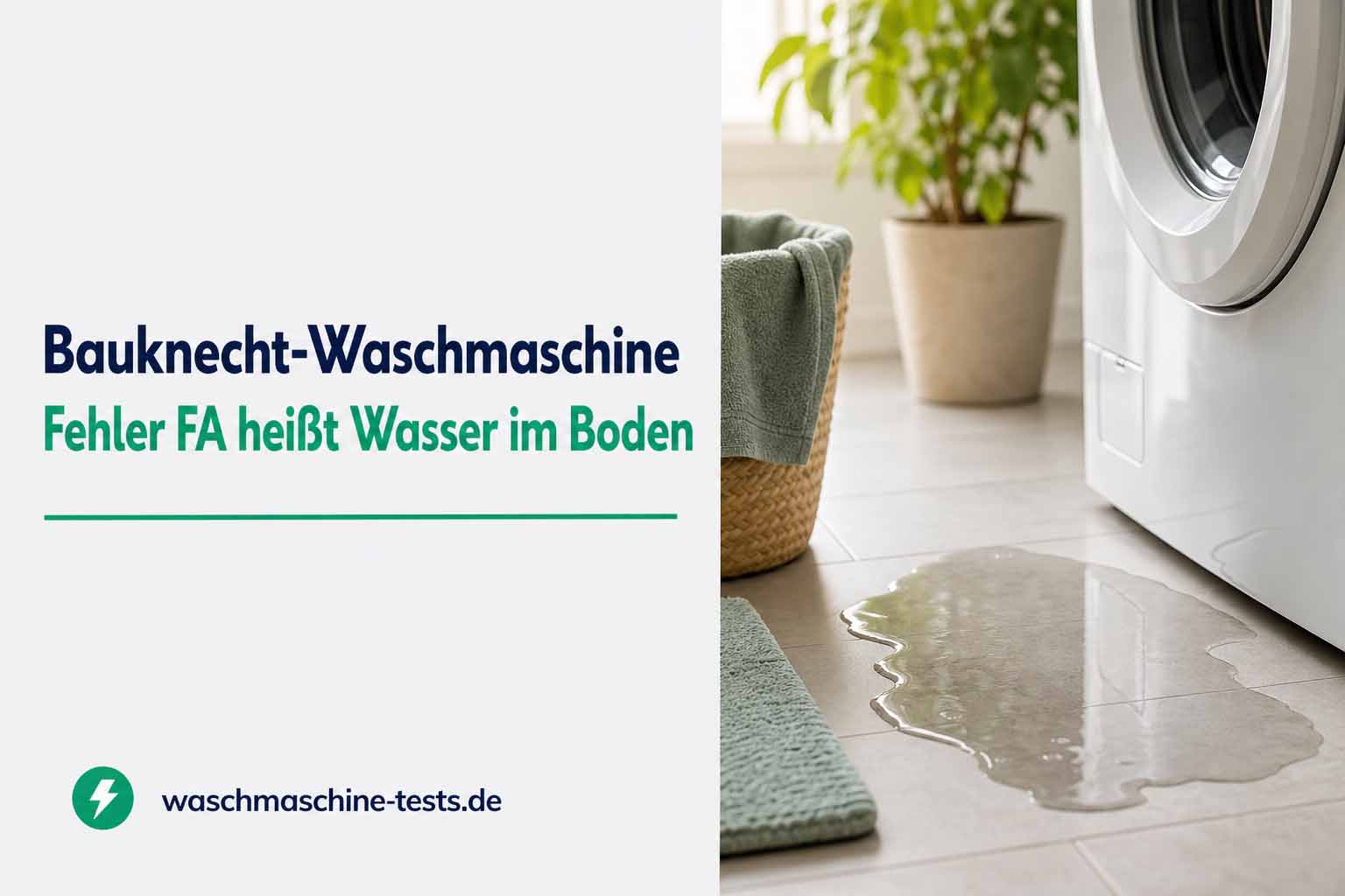 Blog-Header mit Überschrift zum Bauknecht-Fehler FA neben einem Foto einer Waschmaschine mit Wasser am Boden