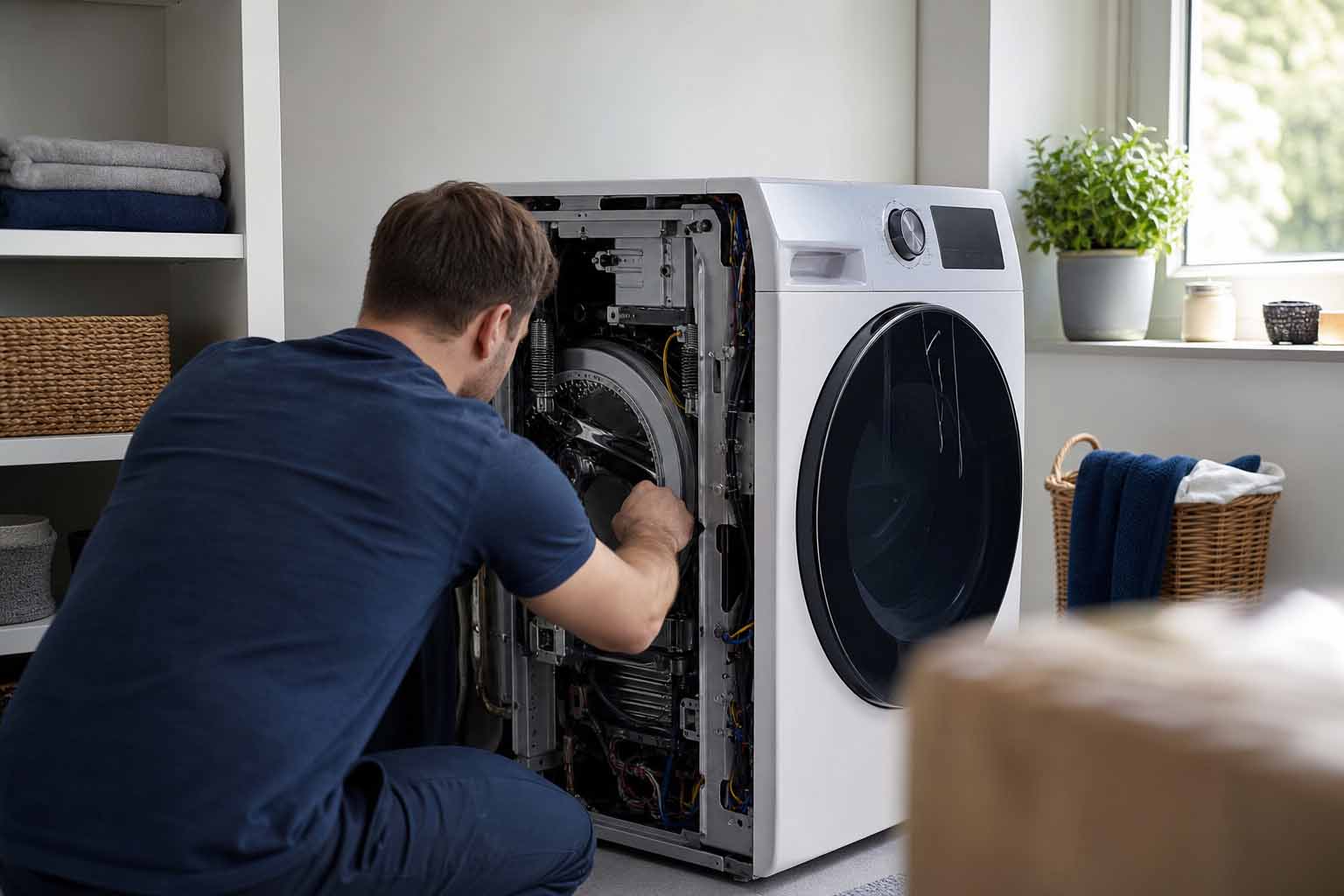 Waschmaschinen-Display zeigt den Samsung Fehlercode 4E neben dem Wasserzulaufschlauch mit Absperrhahn